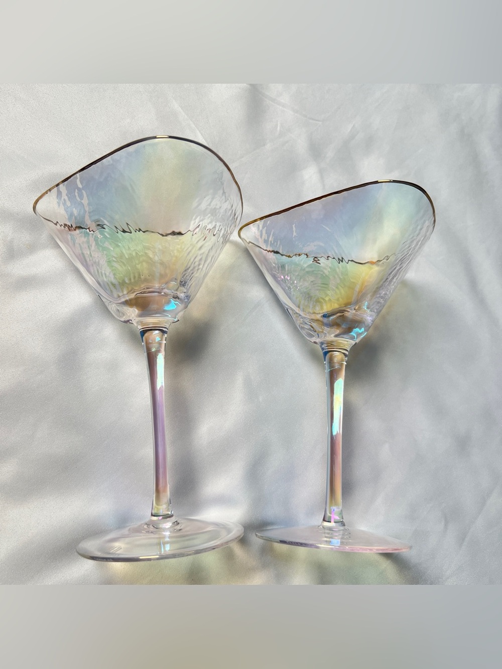 Khen Iridescent Hammered Martini Glasses Gold Rim Set of 2